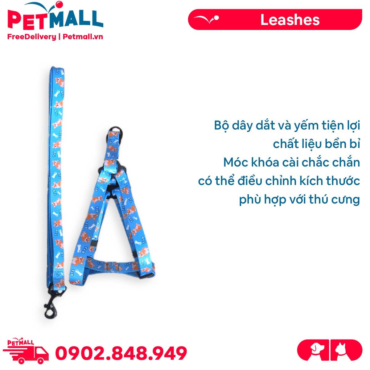 Set Dây + Yếm Sonice Lucky Leash + Harness 10kg - 1.5cm Hình chó xanh biển Petmall