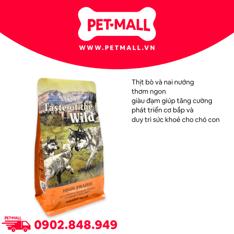Thức ăn chó Taste Of The Wild High Prairie PUPPY 500g - Bison & Roasted Venison, Bò Rừng Nướng & Nai Nướng, chuyên chó con - nhập USA Petmall