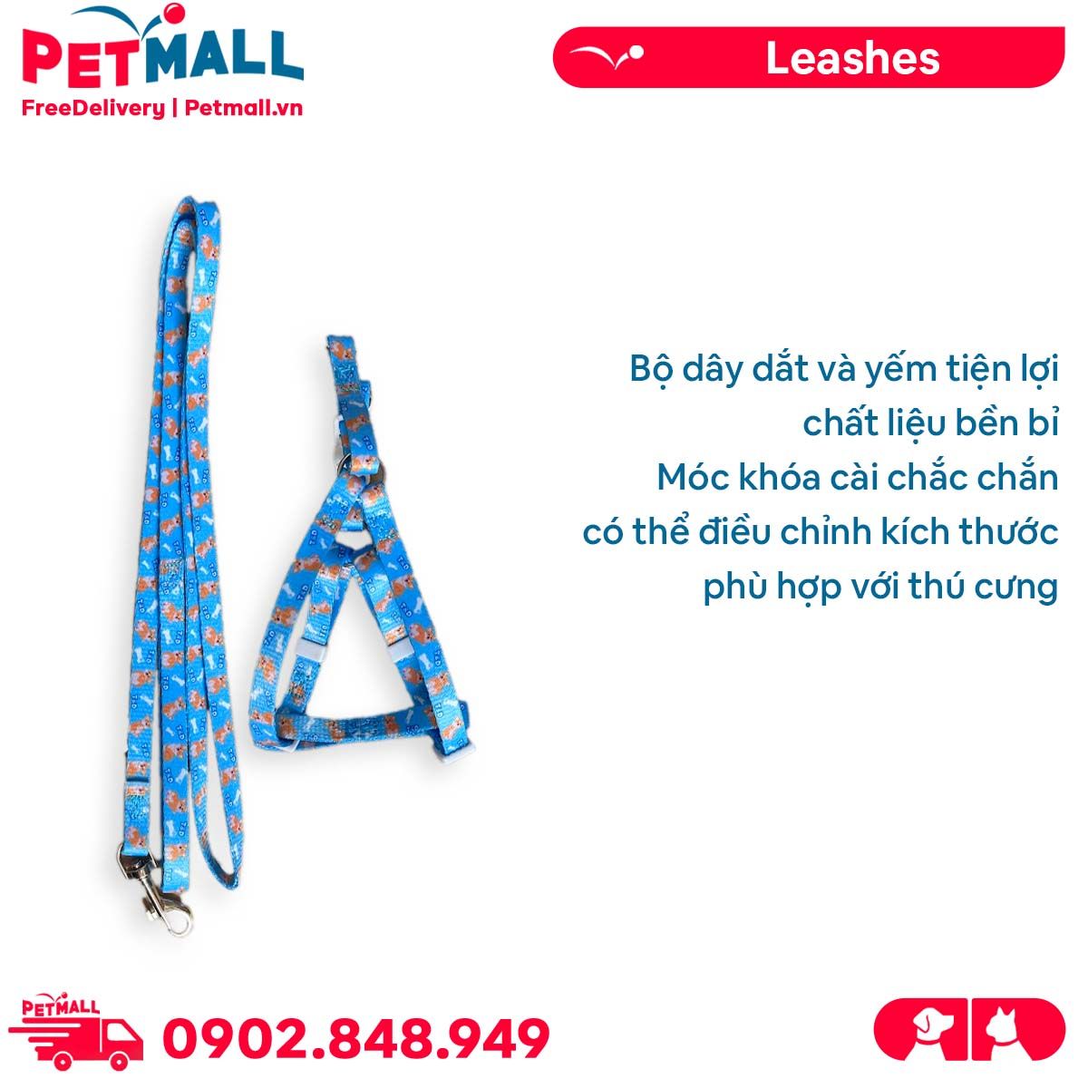 Set Dây + Yếm Sonice Lucky Leash + Harness 5kg - 1cm Hình chó xanh biển Petmall