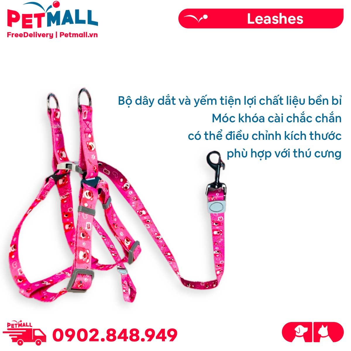 Set Dây + Yếm Sonice Lucky Leash + Harness 20kg - 2cm Gấu dâu Petmall