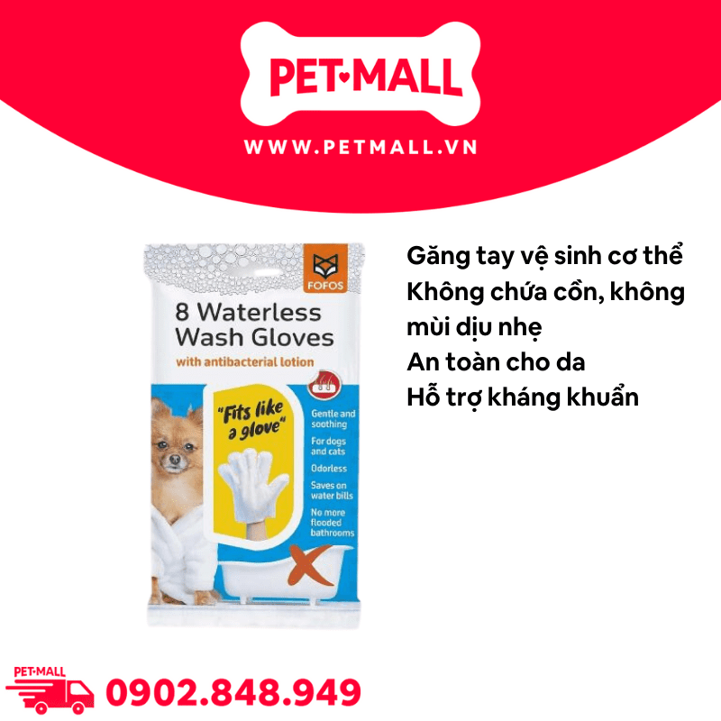Găng tay vệ sinh FOFOS 8 Waterless Wash Gloves 250g - Gói 8 miếng vệ sinh cơ thể thú cưng