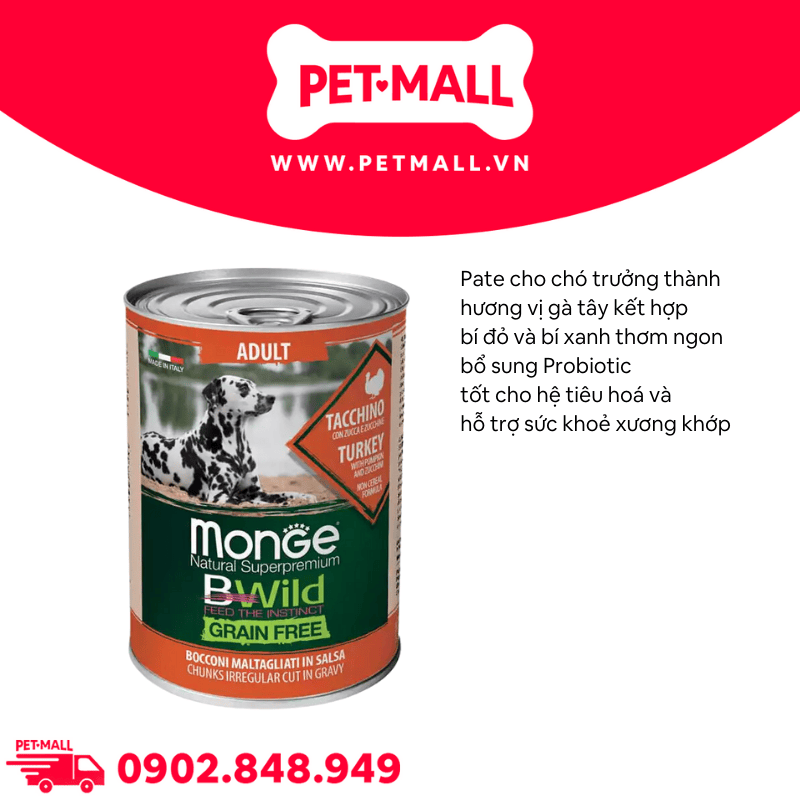 Combo Pate MONGE Bwild Grain Free Vị Gà Tây, Bí Đỏ, Bí Xanh lon 400g - 6 lon Petmall