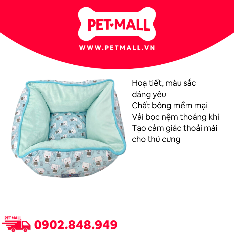 Nệm thú cưng Elite Cute Dog Size 45x45xH23cm - Hình vuông, màu Xanh