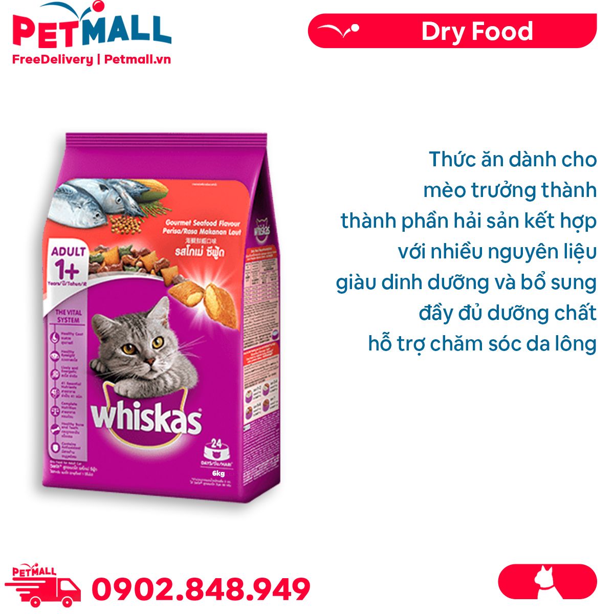 Thức ăn mèo WHISKAS Gourmet Seafood Flavour 6kg - Vị Hải sản Petmall