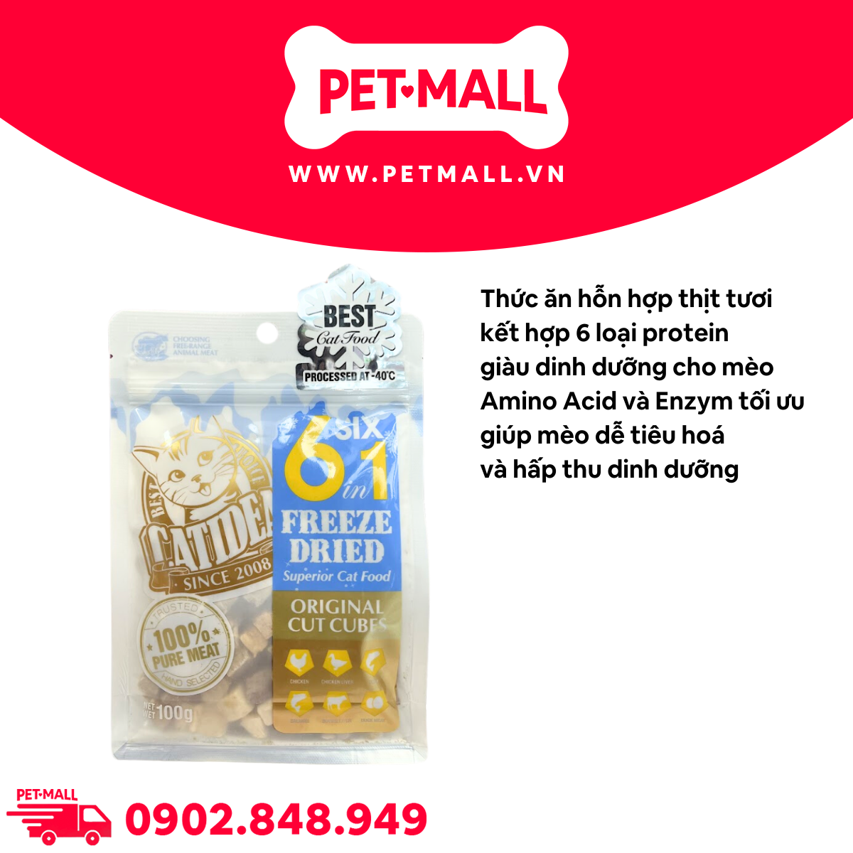 Thức ăn mèo Catidea Freeze Dried 6in1 100g - Hỗn hợp 6 loại thịt gà, gan gà, cá hồi, vịt, lòng đỏ trứng, gan bò tươi sấy dành cho mèo mọi lứa tuổi Petmall