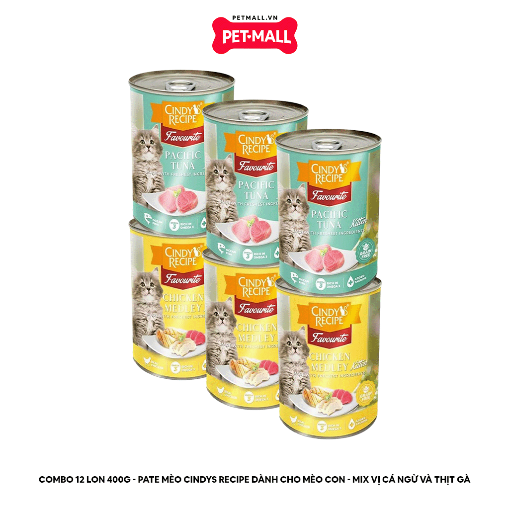 Combo 12 Lon 400G - Pate mèo Cindys Recipe Dành cho MÈO CON - Mix vị Cá Ngừ và Thịt Gà Petmall