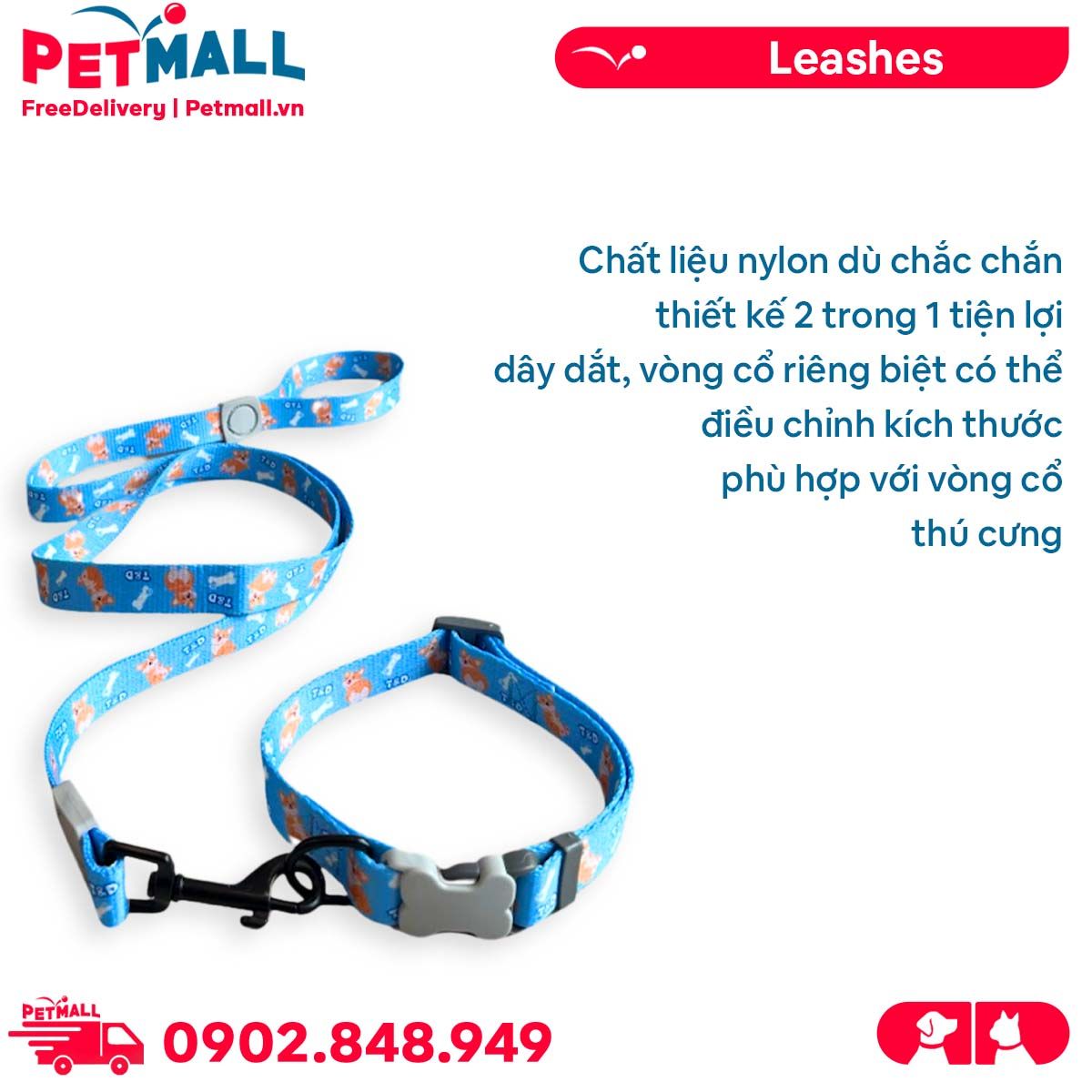 Set Dây + Vòng cổ Sonice Lucky Leash + Collar 20kg - 2cm Hình chó xanh biển Petmall