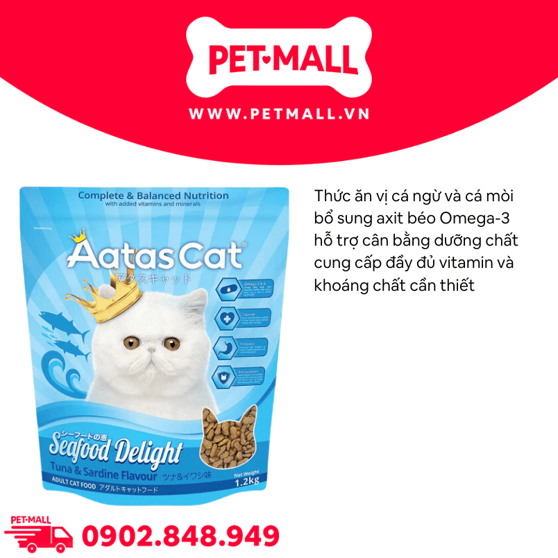 Thức ăn mèo Aatas Seafood Delight Tuna & Sardine Flavour Adult 1.2kg - Cá ngừ và Cá mòi Petmall