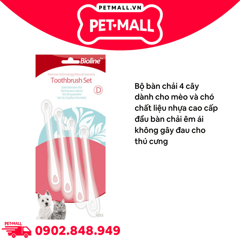 Bộ bàn chải đánh răng Bioline cho chó mèo Dog and Cat toothbrush set for Dental Care - Set 4 cây Petmall