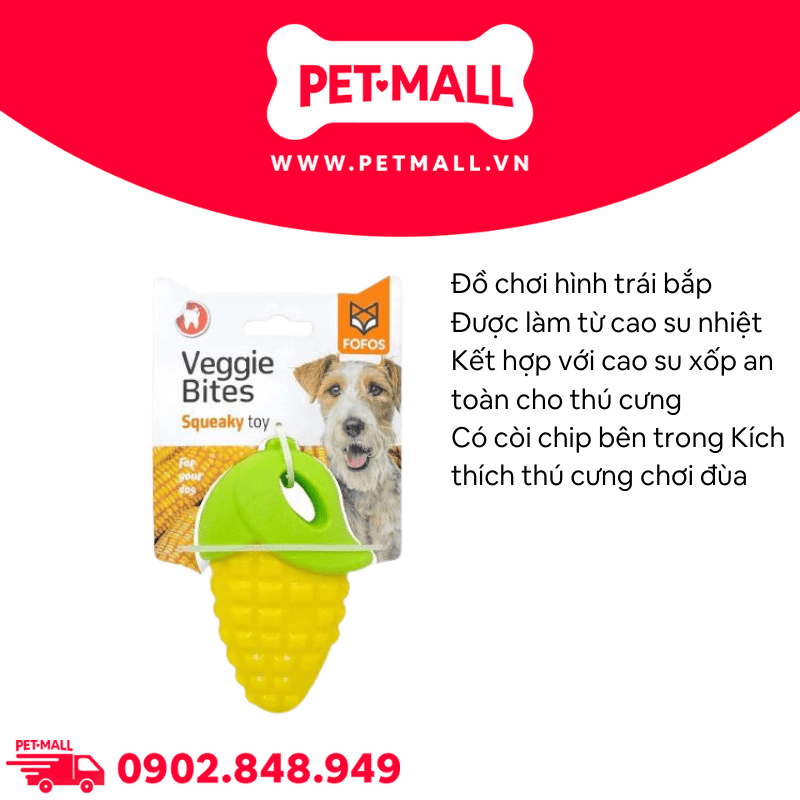 Đồ chơi FOFOS Veggie Bites Squeaky Corn Dog Toys Size 11x7cm - Hình trái bắp, hỗ trợ nhai gặm giảm stress