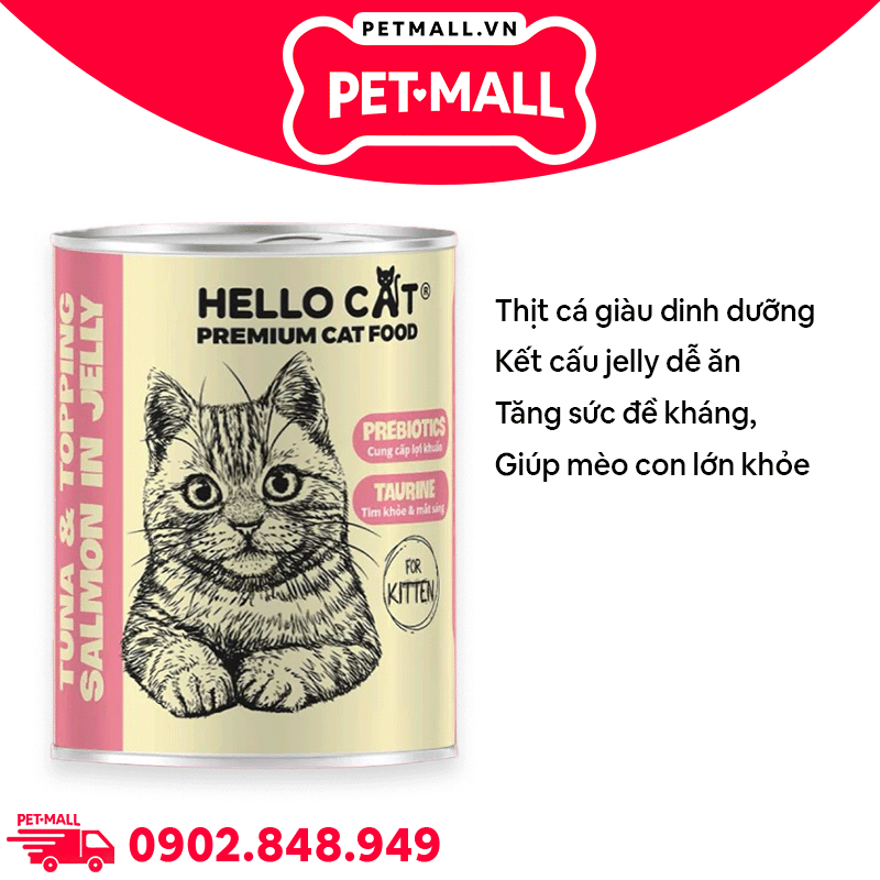 Combo 6 Lon 400G - Pate mèo HelloCat Premium Kitten in Jelly vị Cá Ngừ và Cá Hồi Petmall