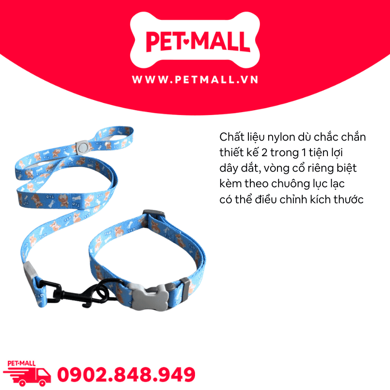 Set Dây + Vòng cổ Sonice Lucky Leash + Collar 30kg - 2.5cm Hình chó xanh biển Petmall