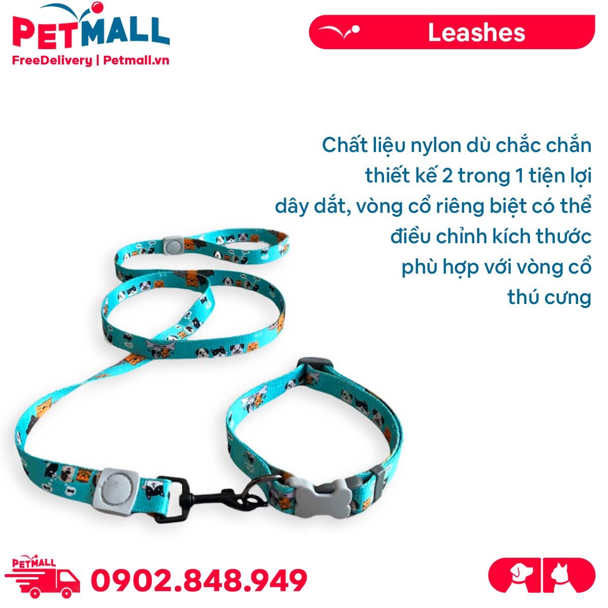 Set Dây + Vòng cổ Sonice Lucky Leash + Collar 20kg - 2cm Hình chó mèo xanh lụcPetmall