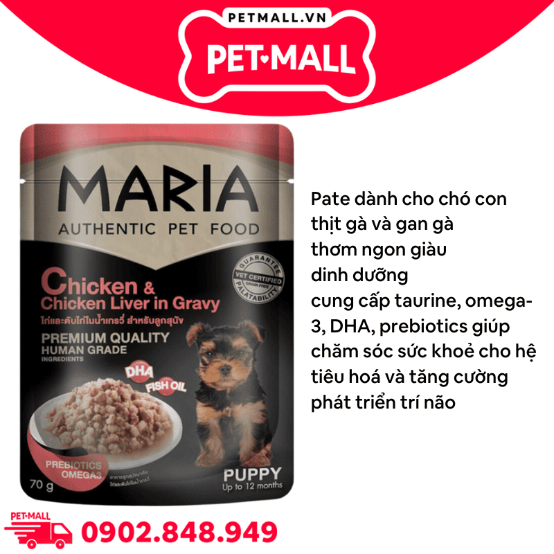 Hộp 12 Gói 70G - Pate chó Maria Chicken and Chicken Liver in Gravy for Puppy - Gà và Gan Gà Petmall