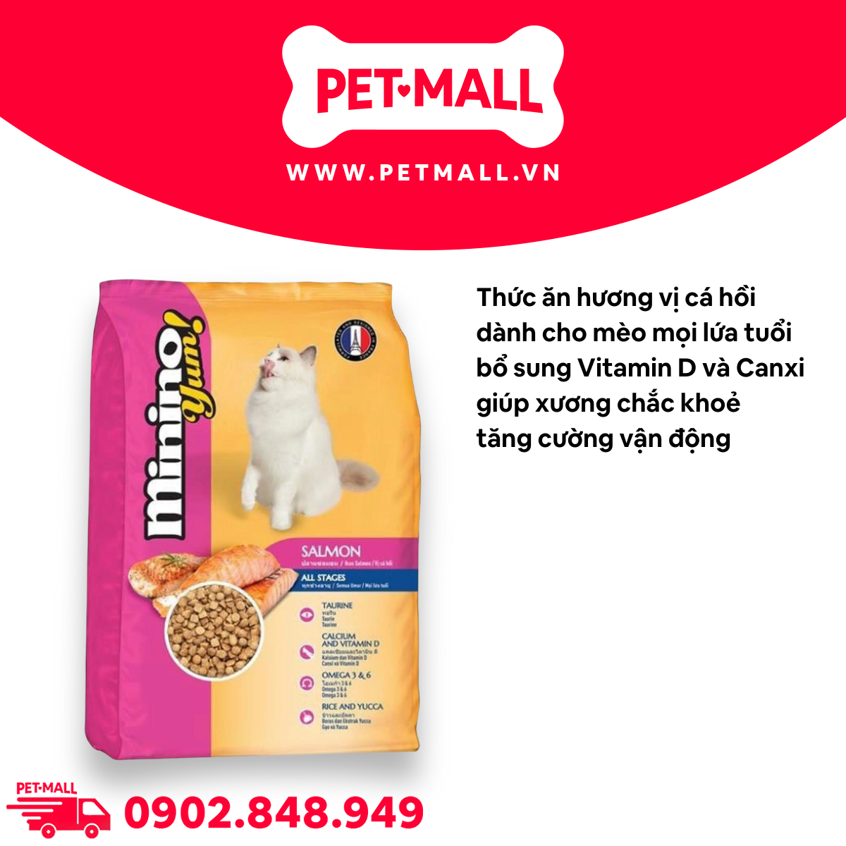 Thức ăn mèo Minino Yum Salmon Flavor 9kg - Bổ sung Vitamin D và Canxi giúp xương chắc khoẻ Petmall