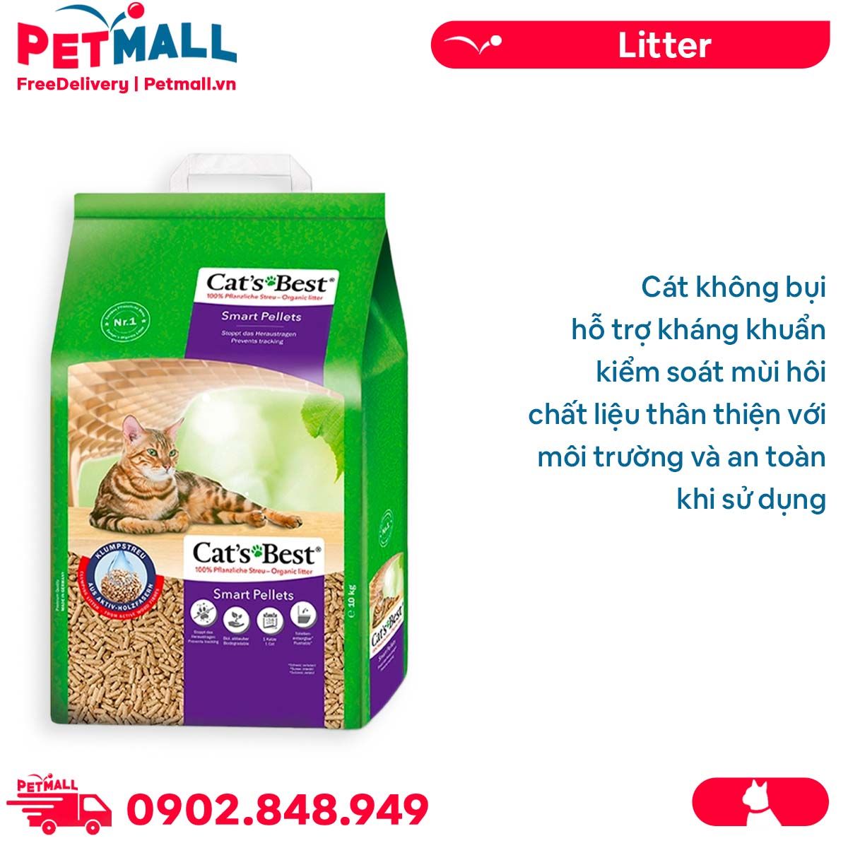 Cát gỗ vệ sinh CatsBest Smart Pellets Cat Litter 10kg - Làm từ gỗ Germany Petmall