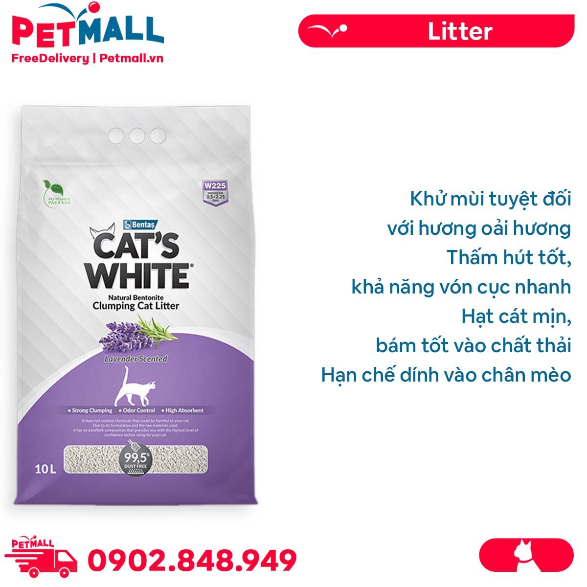 Cát vệ sinh Bentas Cat's White Lavender Scented Natural Bentonite Clumping Cat Litter Gói 10L - Hương Oải hương, vón cục khử mùi tuyệt đối Petmall