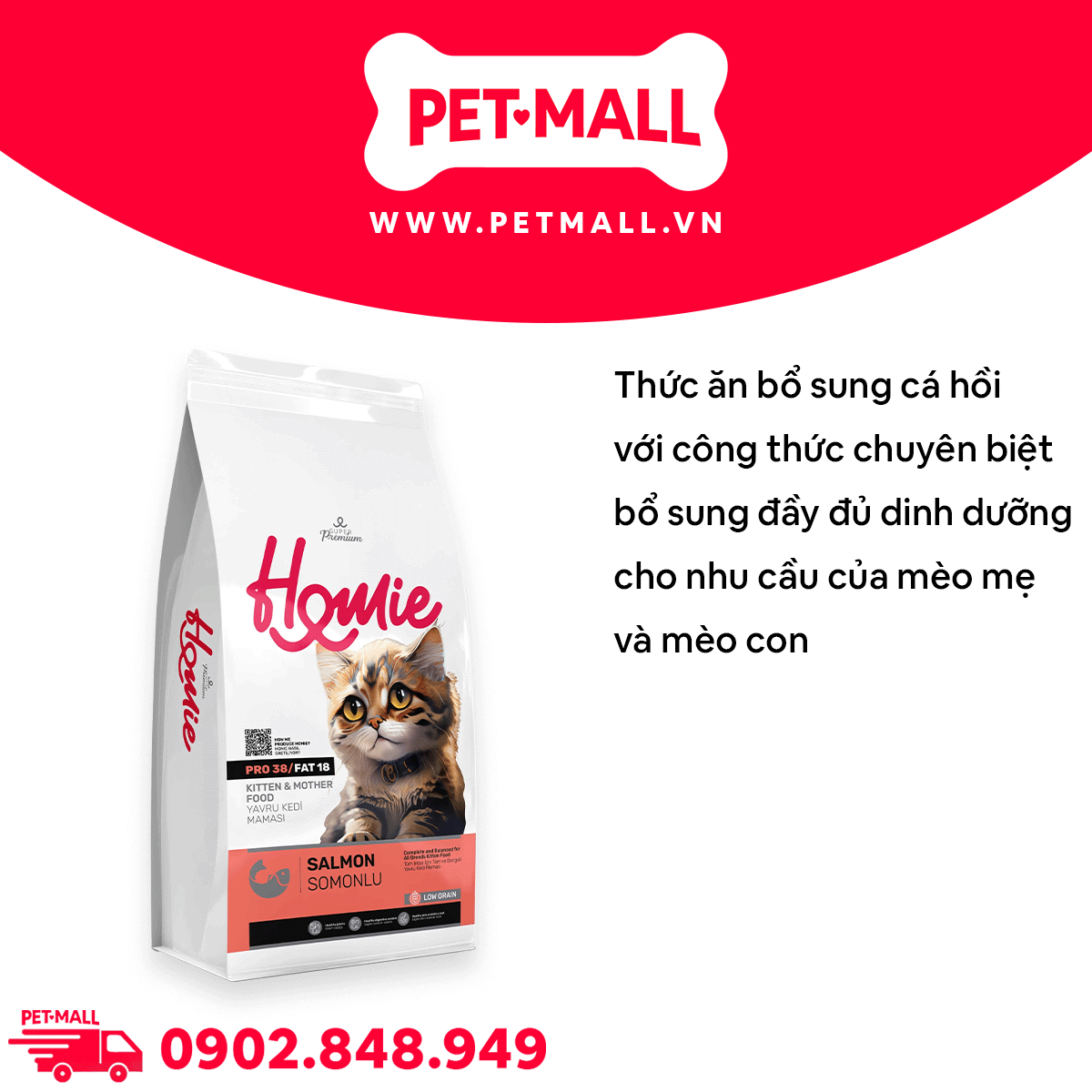 Thức ăn mèo Homie Kitten, Mother - Salmon 1.5kg - Mèo con, mèo mẹ vị cá hồi Petmall