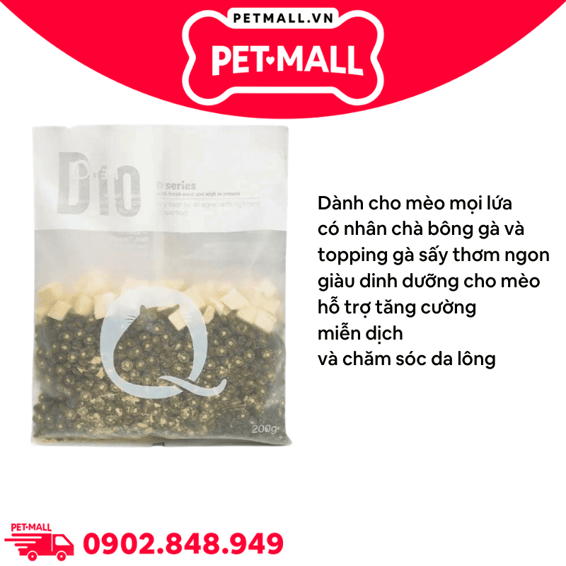 Combo 5 Gói 200g - Thức ăn mèo PetQ D10 Freeze-Dried Mixed Cat Kibble - Topping viên gà sấy, chà bông gà cho mèo mọi lứa tuổi Petmall