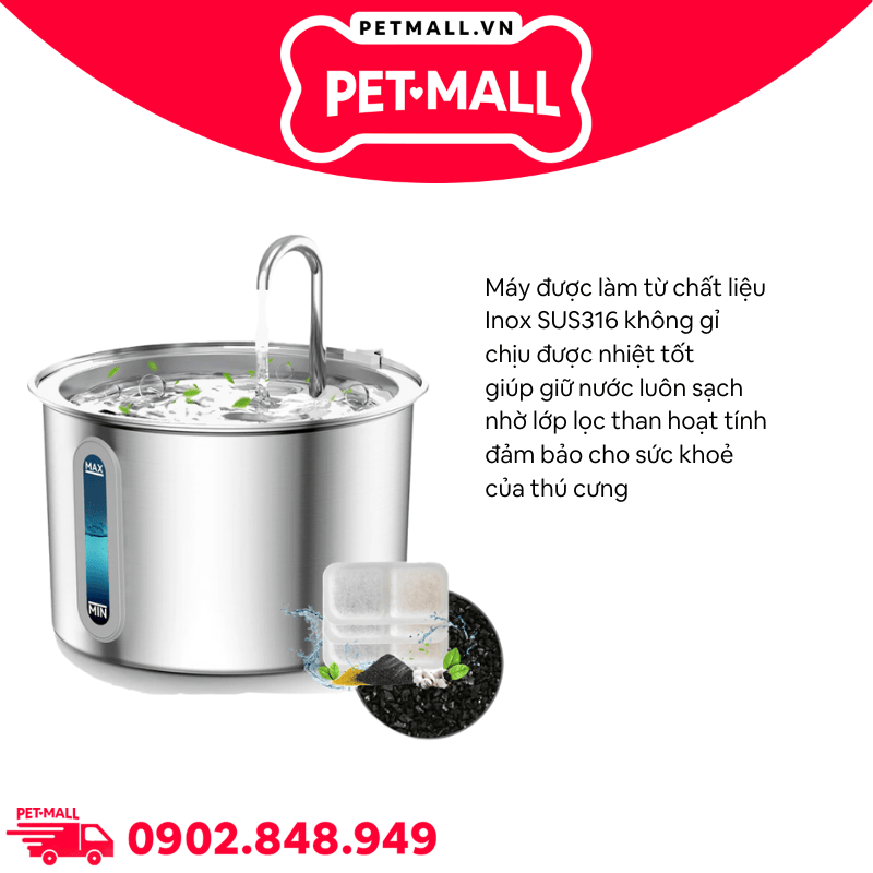 Máy cho uống nước tự động Oneisall Stainless Steel Pet Fountain PWF 001 - 2L Petmall