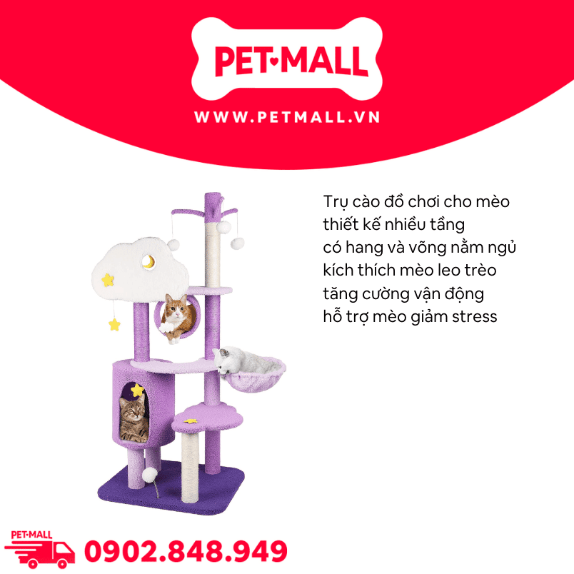 Trụ cào SONICE Calmbee Tower Cat Tree Scratcher Toys Size 60 x 48 x 140 cm - 6 tầng hình đám mây tím Petmall