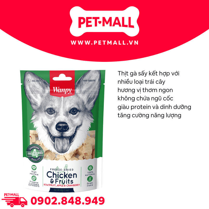 Treats chó WANPY Freeze - Dried Chicken & Fruits 40g - Thịt gà và trái cây sấy thăng hoa Petmall