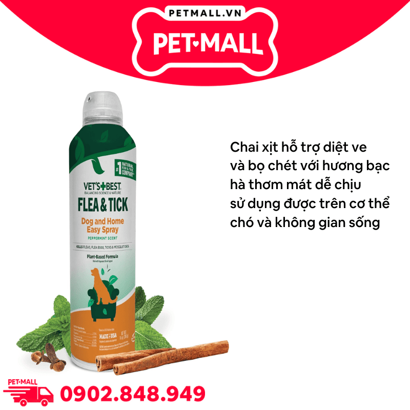 Xịt Vet's Best Flea & Tick Home Spray Peppermint Scent for Dogs 396g - Diệt ve bọ chét trong không gian sống mùi bạc hà cho Chó Petmall