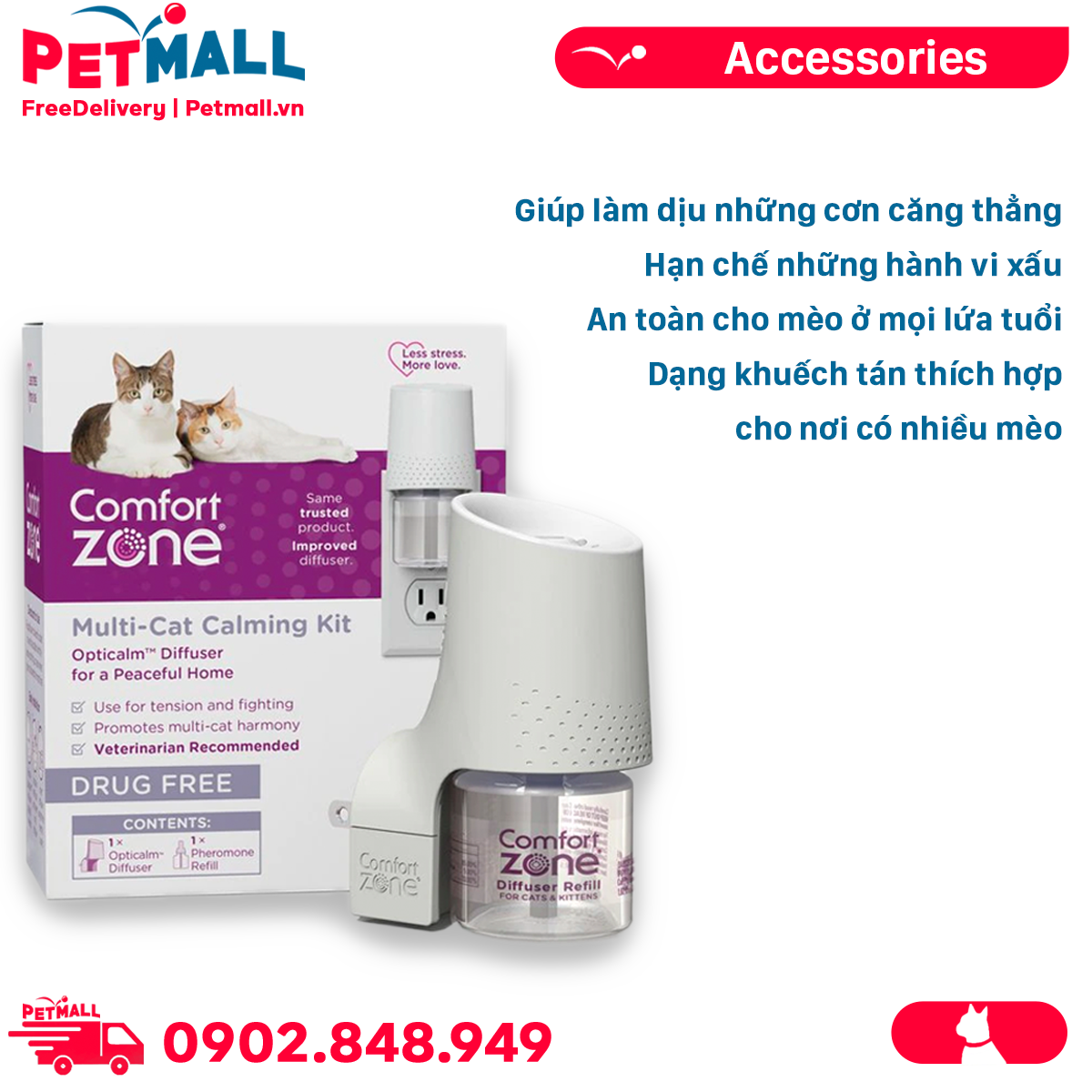 Bộ khuếch tán Comfort Zone Multi-Cat Calming Kit Diffuser for Cats 48ml - Hỗ trợ mèo giảm căng thẳng Petmall
