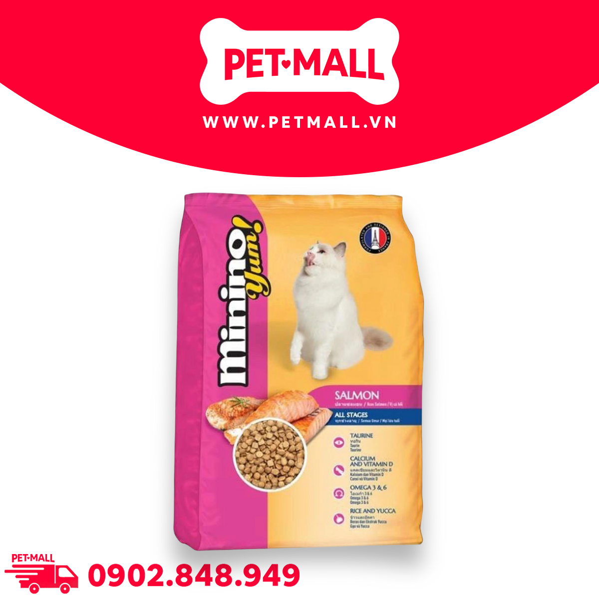 Thức ăn mèo Minino Yum Salmon Flavor 9kg - Bổ sung Vitamin D và Canxi giúp xương chắc khoẻ Petmall