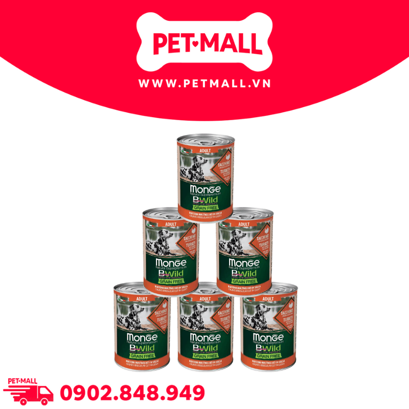 Combo Pate MONGE Bwild Grain Free Vị Gà Tây, Bí Đỏ, Bí Xanh lon 400g - 6 lon Petmall