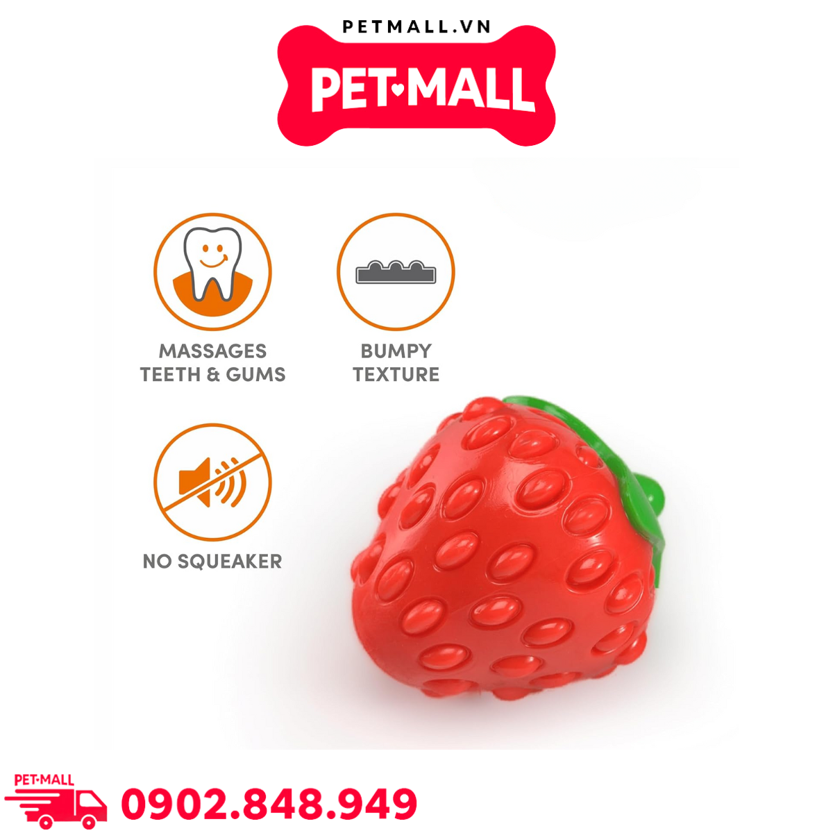 Đồ chơi TOUGH FRUIT fruity-bites Squeaky Silence Strawberry - Trái dâu, hỗ trợ nhai gặm giảm stress Petmall