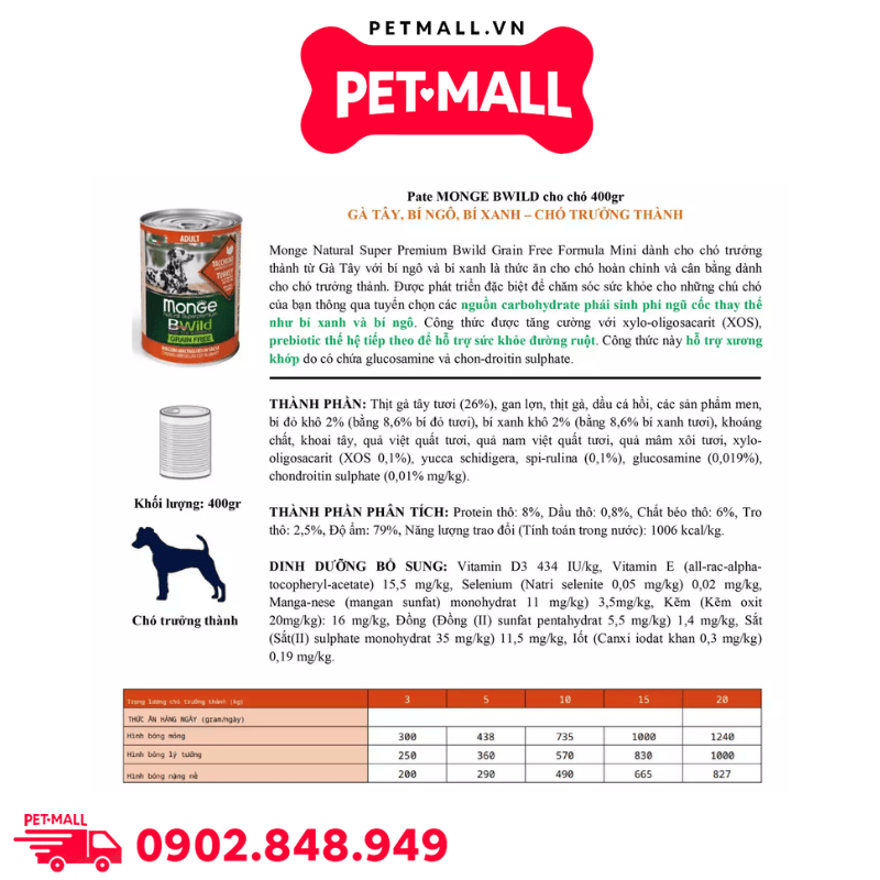 Combo Pate MONGE Bwild Grain Free Vị Gà Tây, Bí Đỏ, Bí Xanh lon 400g - 6 lon Petmall
