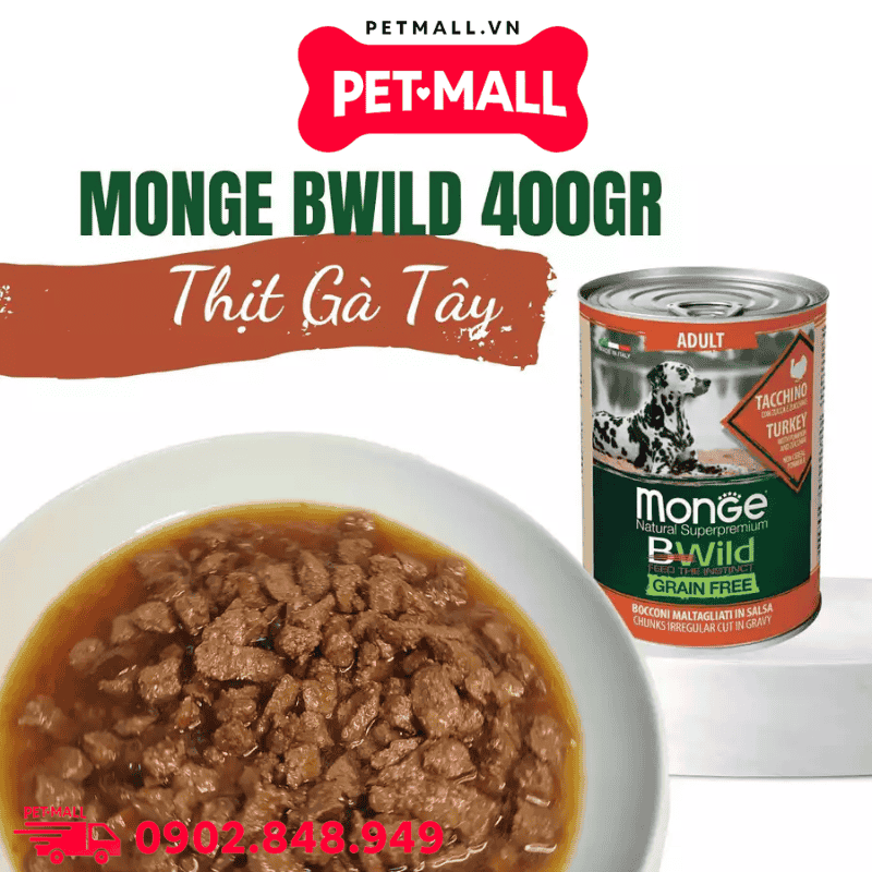 Combo Pate MONGE Bwild Grain Free Vị Gà Tây, Bí Đỏ, Bí Xanh lon 400g - 6 lon Petmall