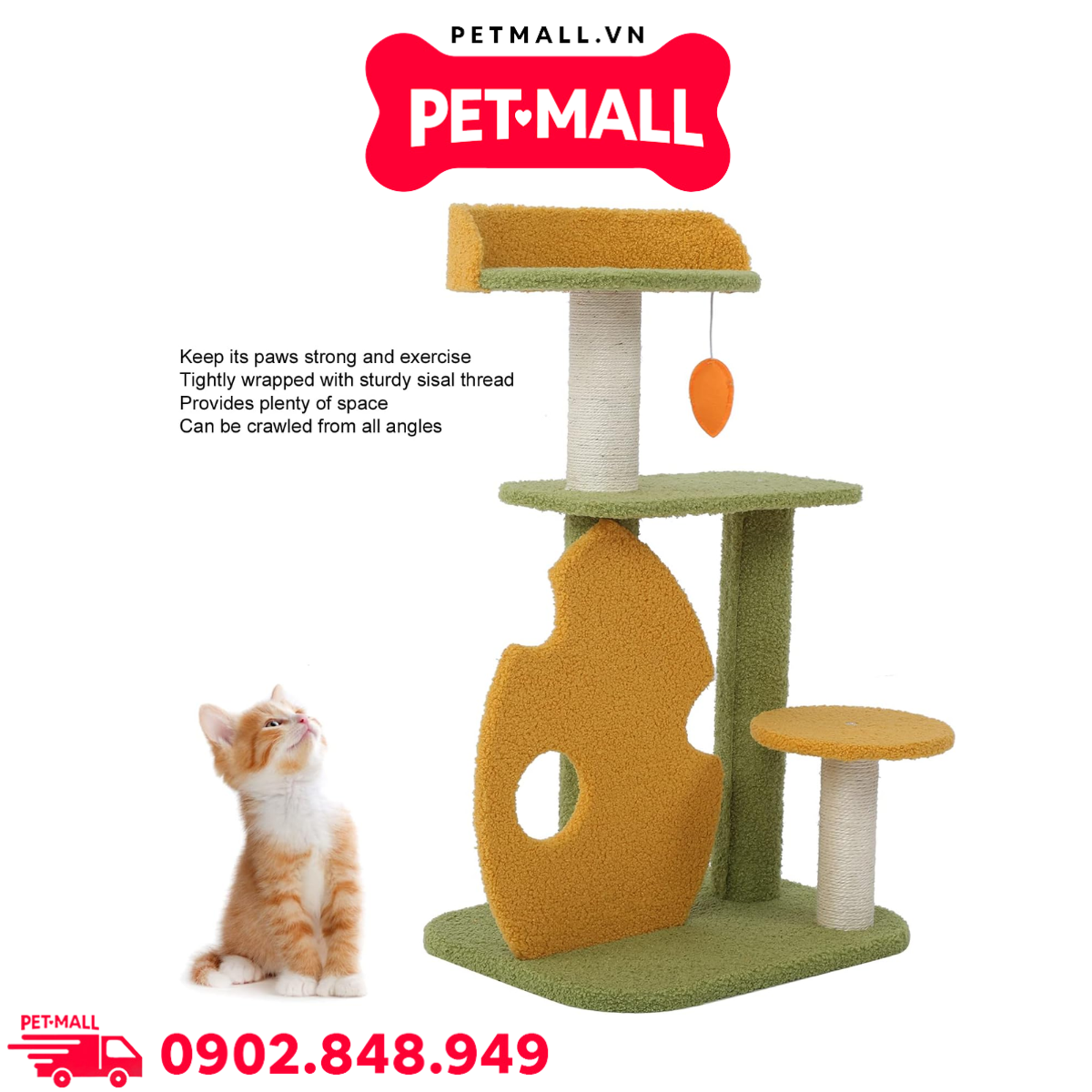 Trụ cào SONICE Yellow and Green Cat Tree Scratcher Toys Size 46 x 36 x 75 cm - 4 tầng màu xanh, vàng Petmall