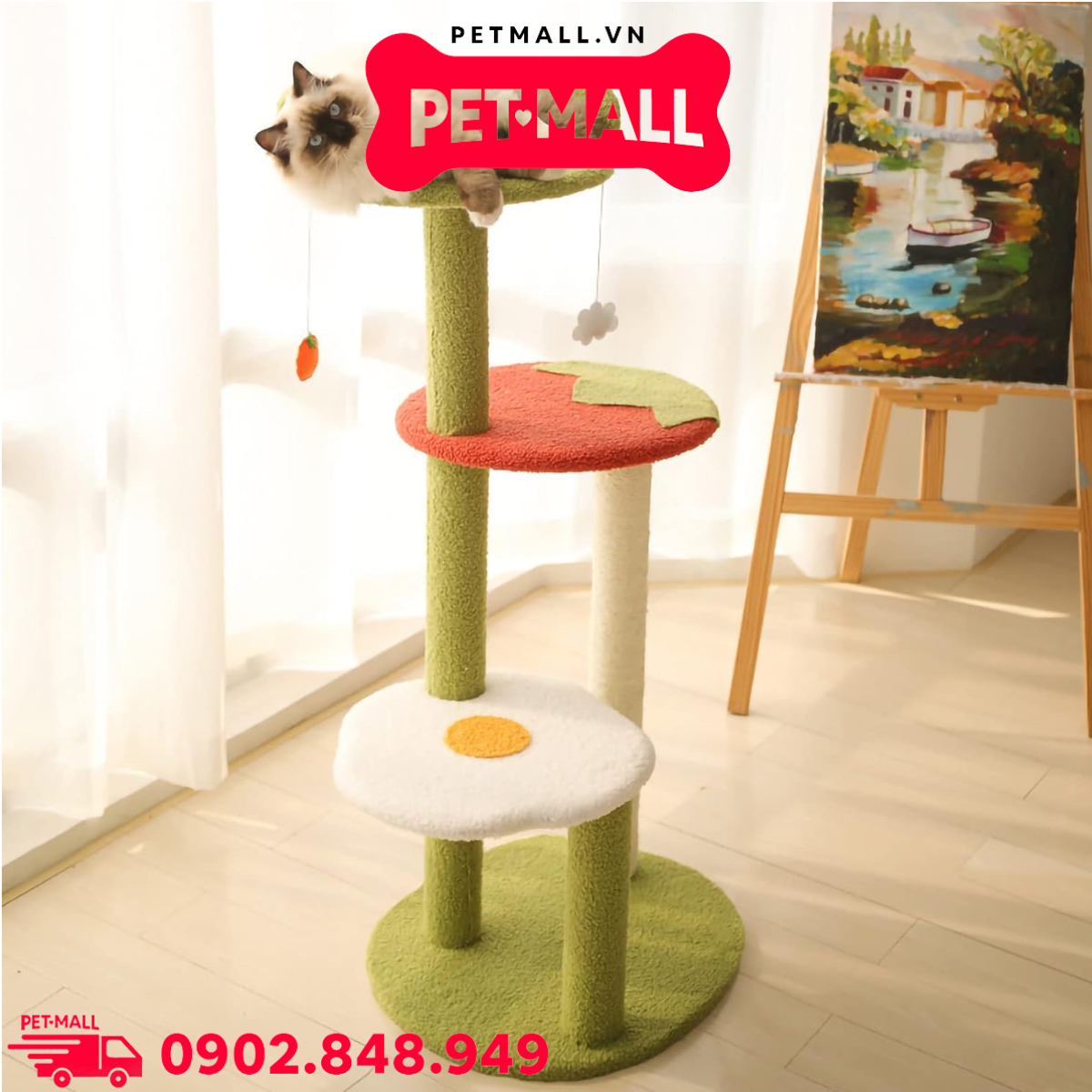 Trụ cào SONICE Egg and Tomato Cat Tree Scratcher Toys Size 48 x 48 x 115 cm - 4 tầng hình trứng và cà chua Petmall