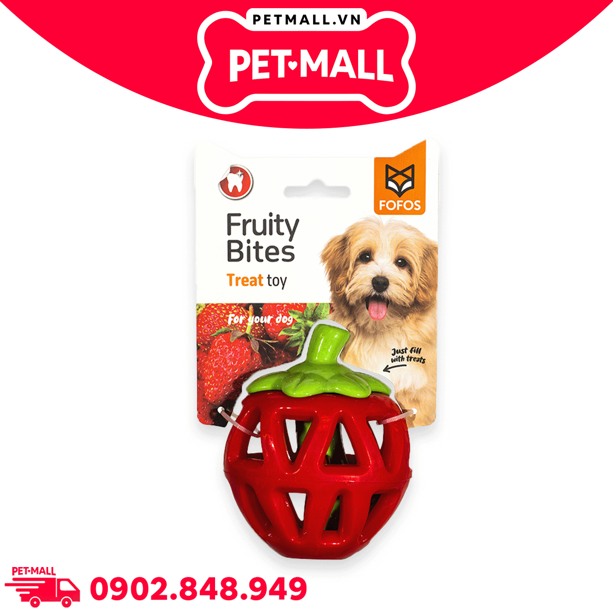 Đồ chơi FOFOS fruity-bites strawberry treat leakage toys - Hình quả dâu đựng treats cho thú cưng chơi đùa Petmall