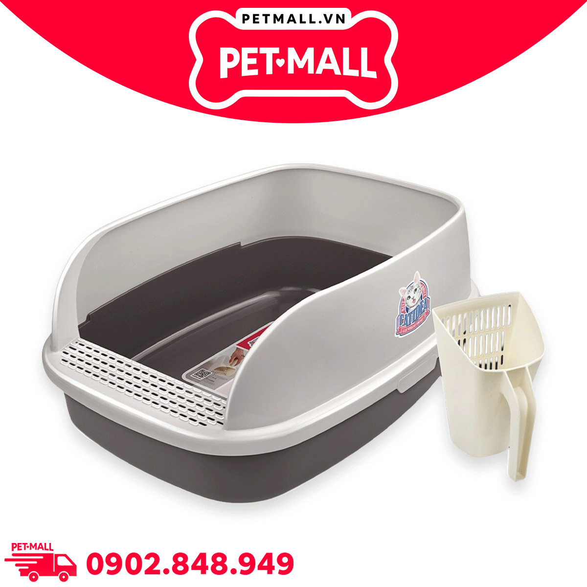 Khay vệ sinh mèo CATIDEA Cat Litter Box Size XL - 63x46x25cm  | Màu Xám - Tặng kèm xẻng Petmall