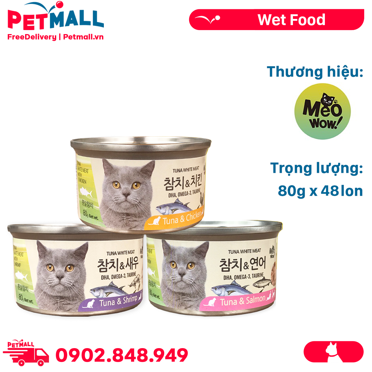 Combo Pate Mèo MeoWow Tuna & Chicken, Salmon, Shrimp 80g - 48 lon Petmall