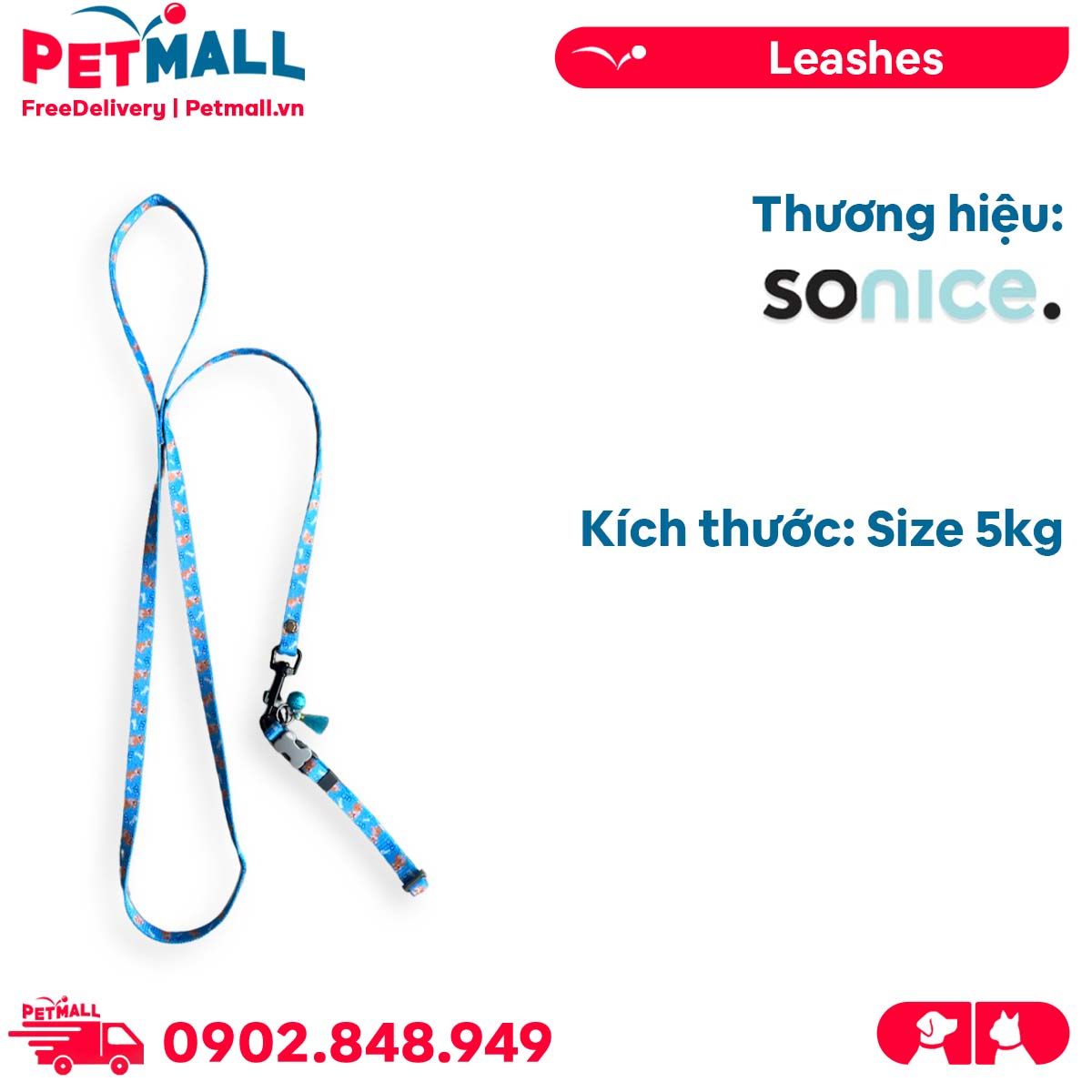 Set Dây + Vòng cổ Sonice Lucky Leash + Collar 5kg - 1cm Hình chó xanh biển Petmall