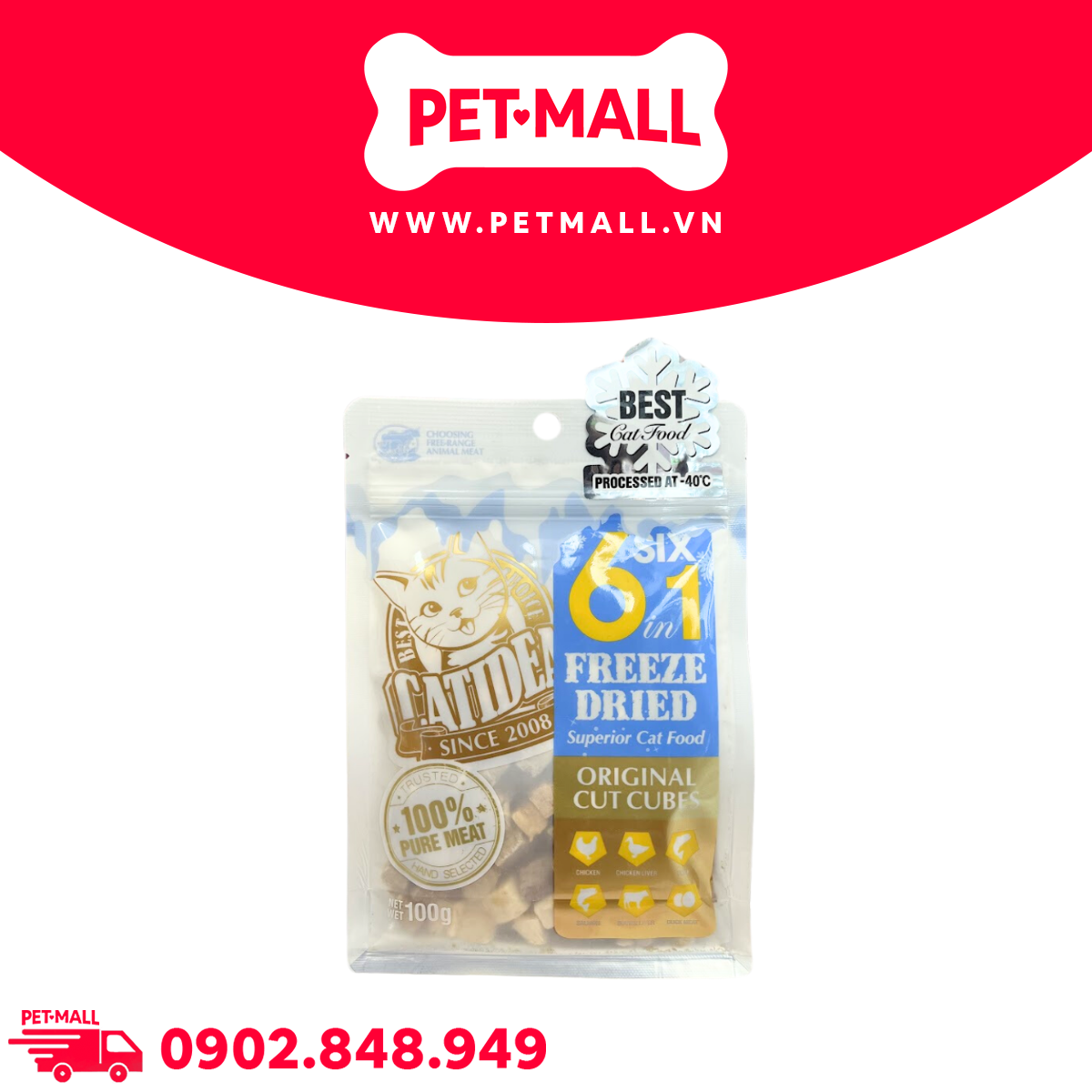 Thức ăn mèo Catidea Freeze Dried 6in1 100g - Hỗn hợp 6 loại thịt gà, gan gà, cá hồi, vịt, lòng đỏ trứng, gan bò tươi sấy dành cho mèo mọi lứa tuổi Petmall