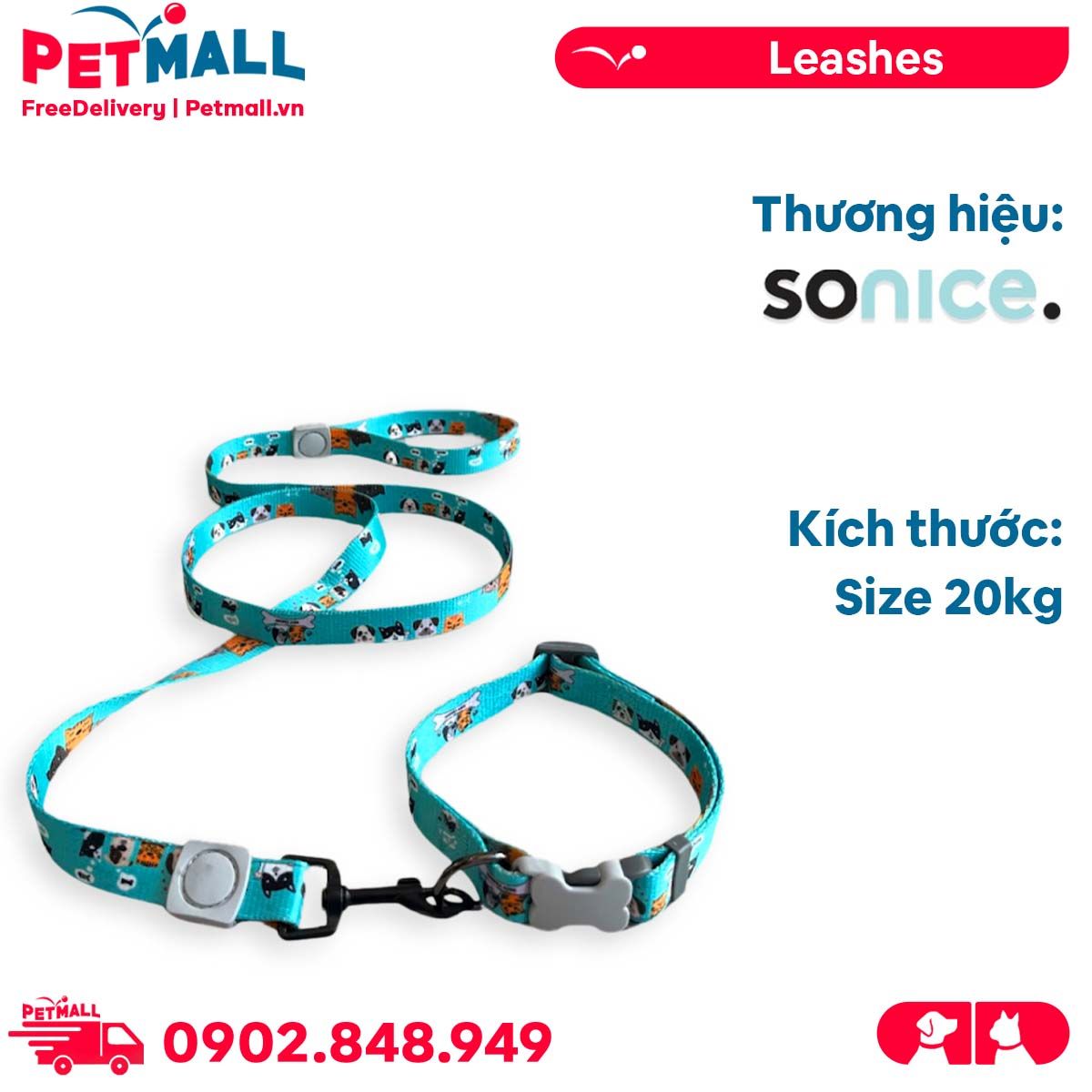 Set Dây + Vòng cổ Sonice Lucky Leash + Collar 20kg - 2cm Hình chó mèo xanh lụcPetmall
