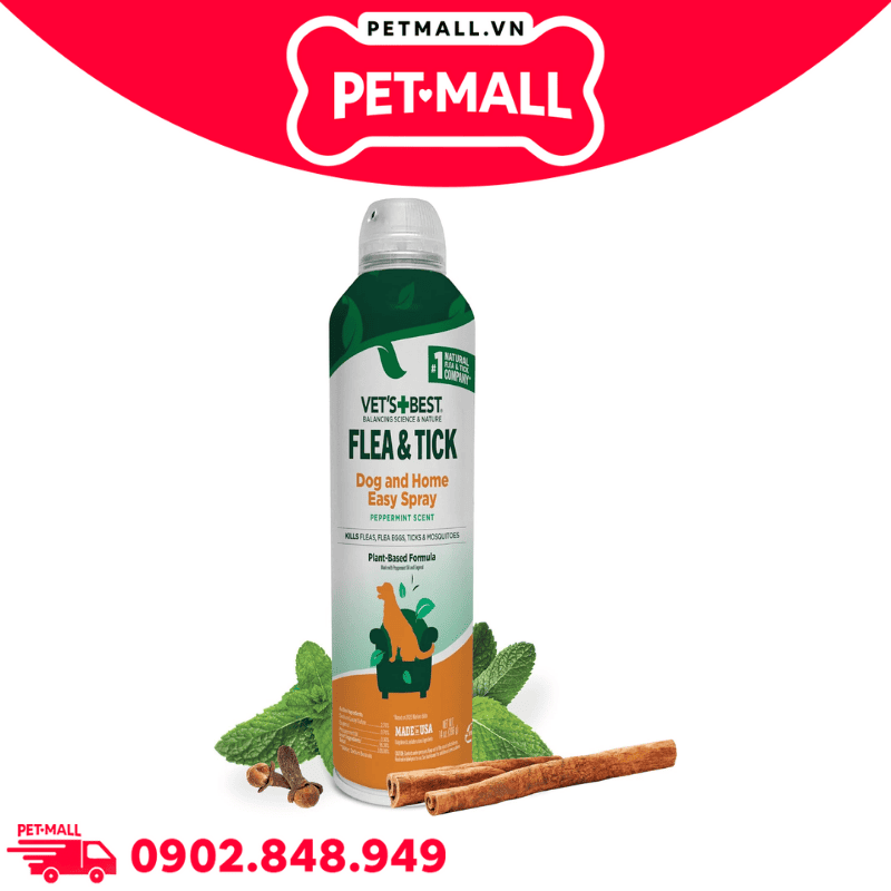 Xịt Vet's Best Flea & Tick Home Spray Peppermint Scent for Dogs 396g - Diệt ve bọ chét trong không gian sống mùi bạc hà cho Chó Petmall