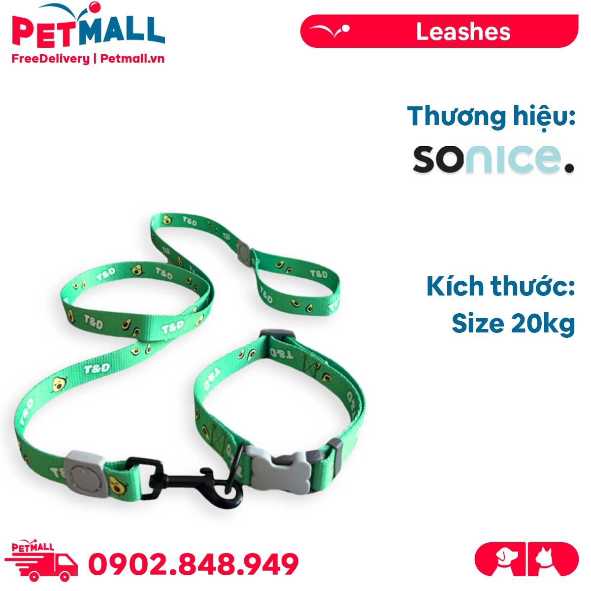 Set Dây + Vòng cổ Sonice Lucky Leash + Collar 20kg - 2cm Bơ xanh Petmall
