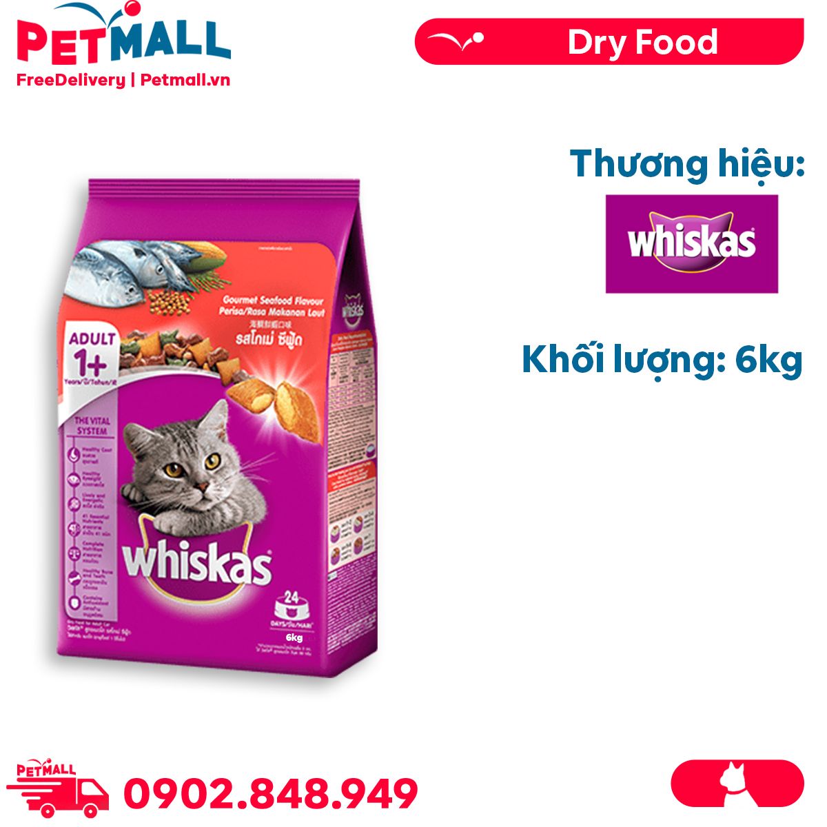 Thức ăn mèo WHISKAS Gourmet Seafood Flavour 6kg - Vị Hải sản Petmall
