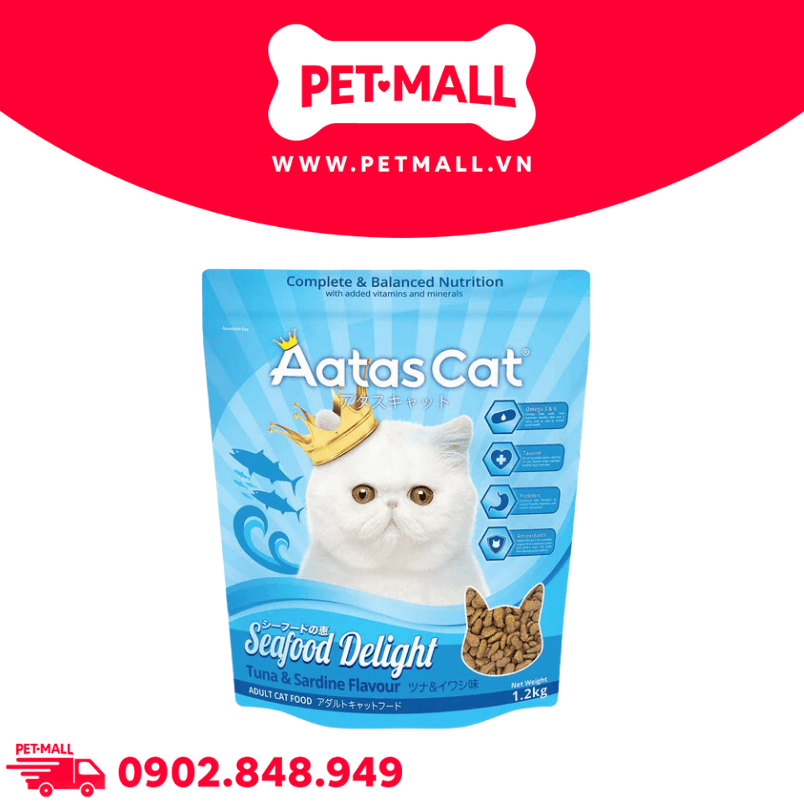 Thức ăn mèo Aatas Seafood Delight Tuna & Sardine Flavour Adult 1.2kg - Cá ngừ và Cá mòi Petmall
