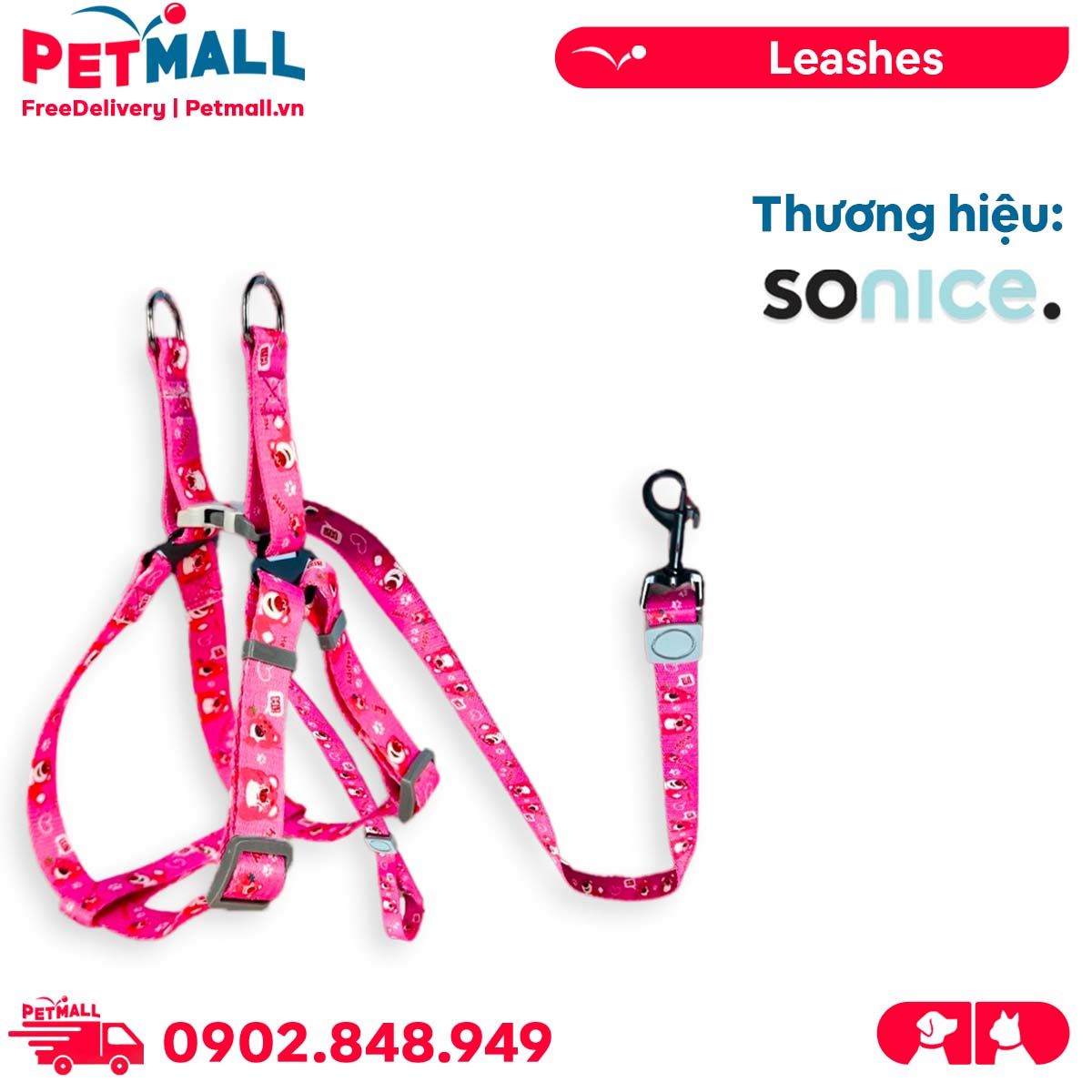 Set Dây + Yếm Sonice Lucky Leash + Harness 30kg - 2.5cm Gấu dâu Petmall