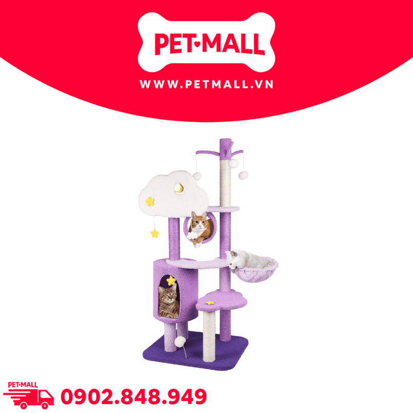 Trụ cào SONICE Calmbee Tower Cat Tree Scratcher Toys Size 60 x 48 x 140 cm - 6 tầng hình đám mây tím Petmall