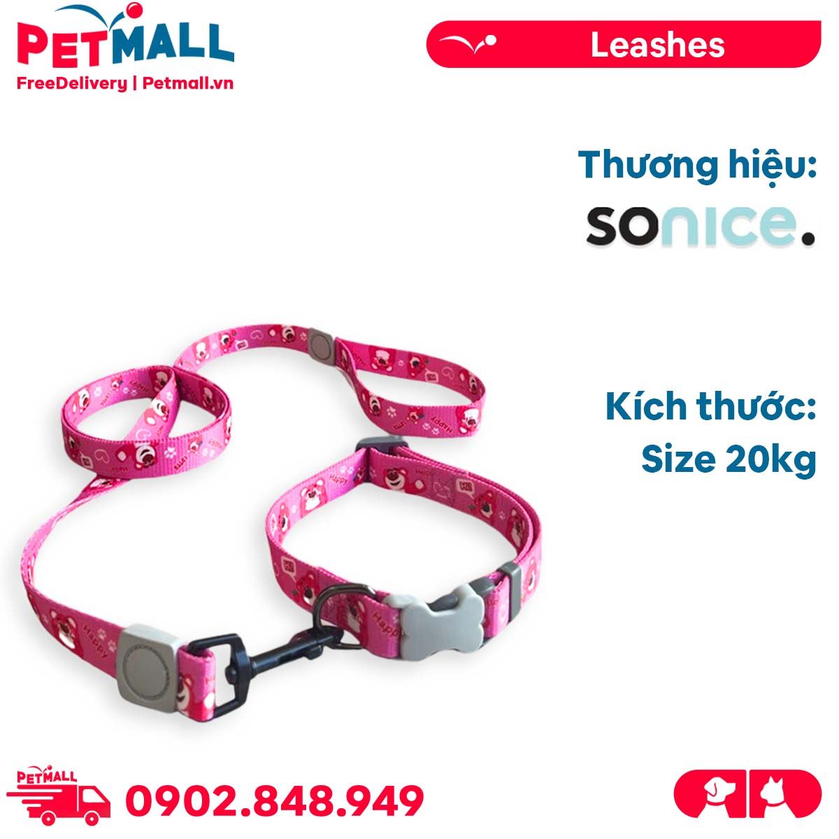 Set Dây + Vòng cổ Sonice Lucky Leash + Collar 20kg - 2cm Gấu dâu Petmall