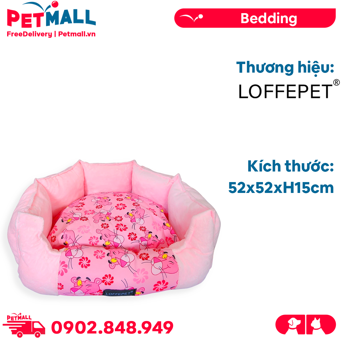 Nệm thú cưng LOFFEPET Pink Panther Bedding Size L - 52x52xH15cm - Hoạ tiết Chú báo hồng Petmall