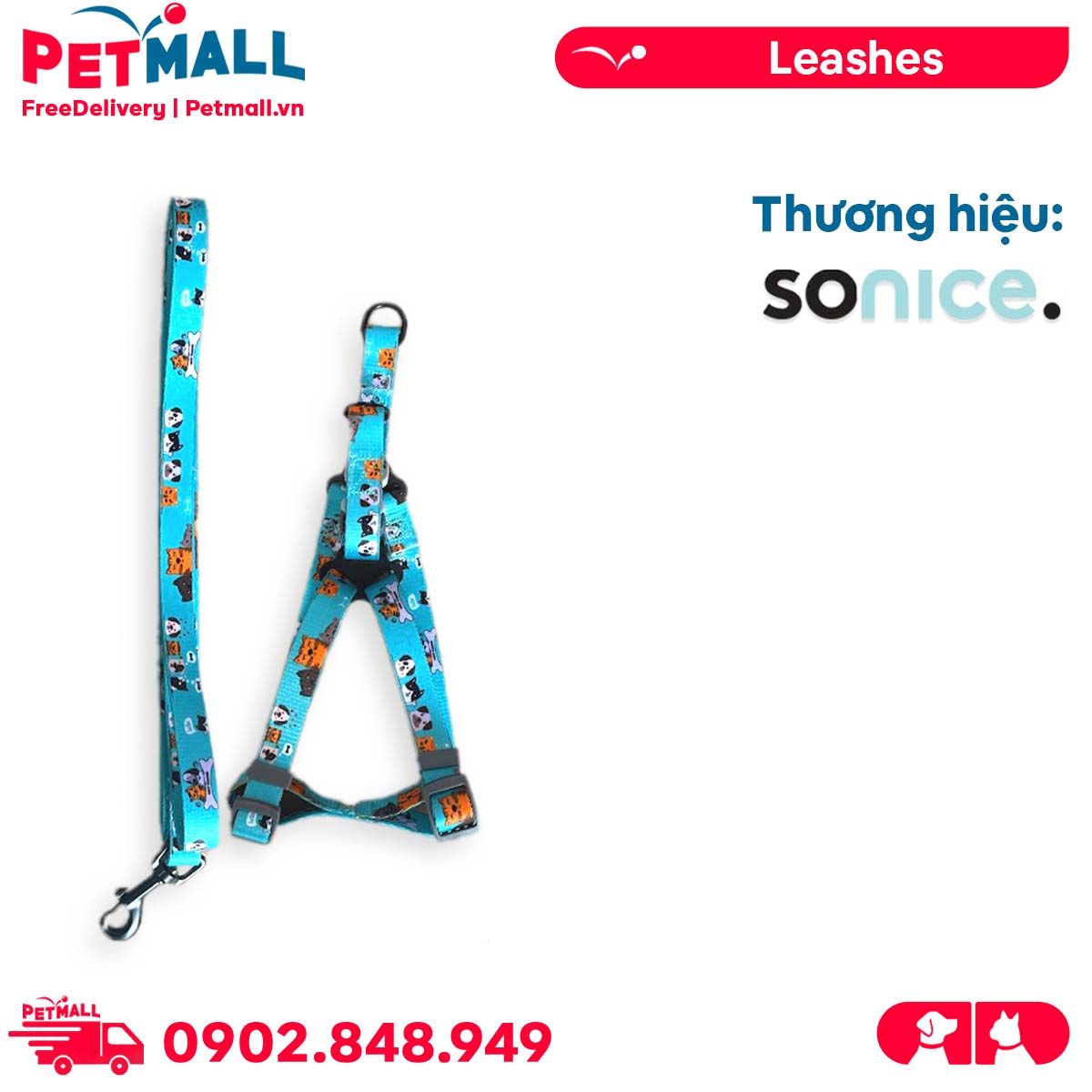 Set Dây + Yếm Sonice Lucky Leash + Harness 10kg - 1.5cm Hình chó mèo xanh lục Petmall